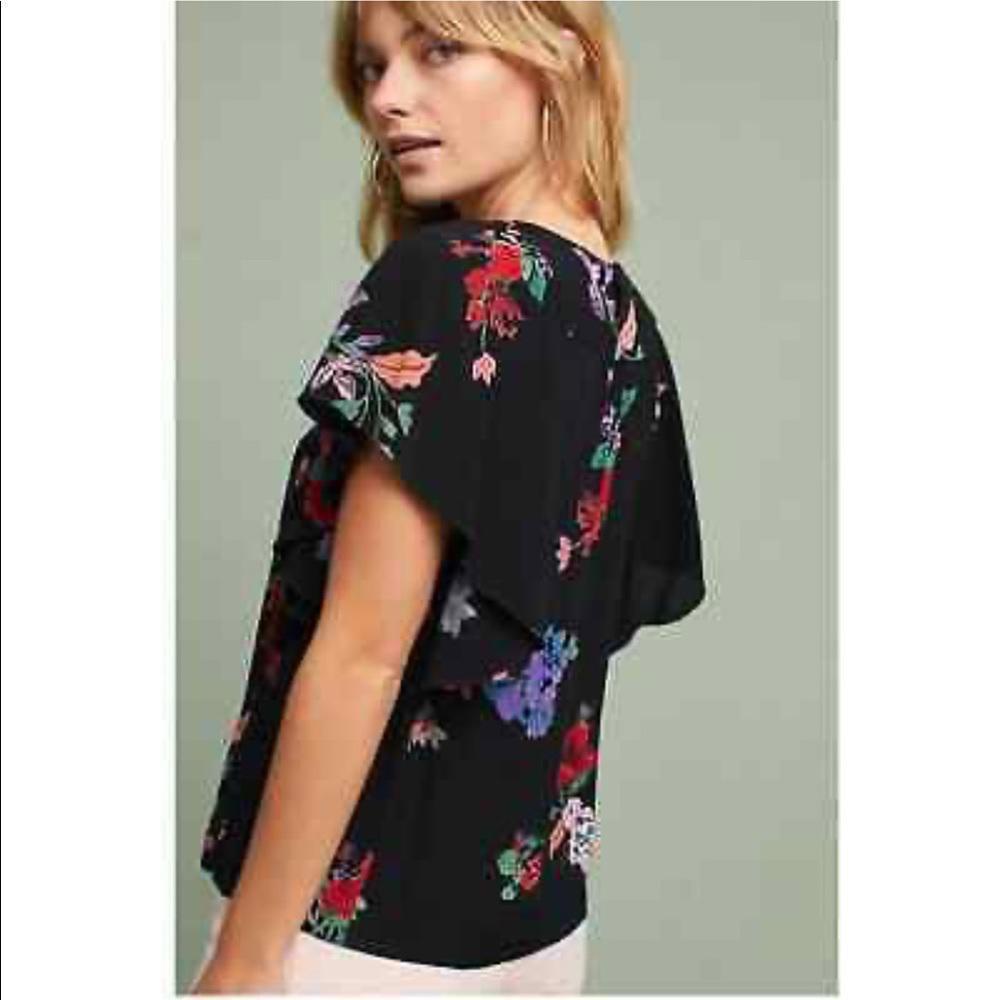 Maeve - Black Floral Print Short Sleeve Blouse- Women's Small